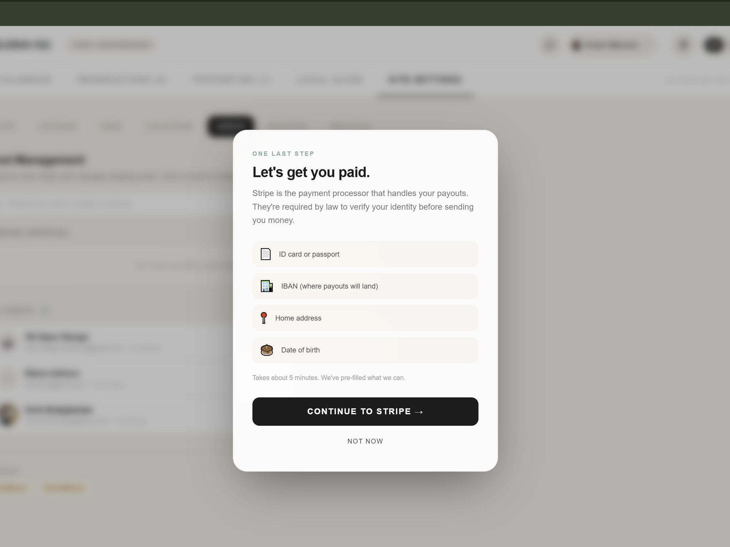 "Let's get you paid" prompt with the checklist