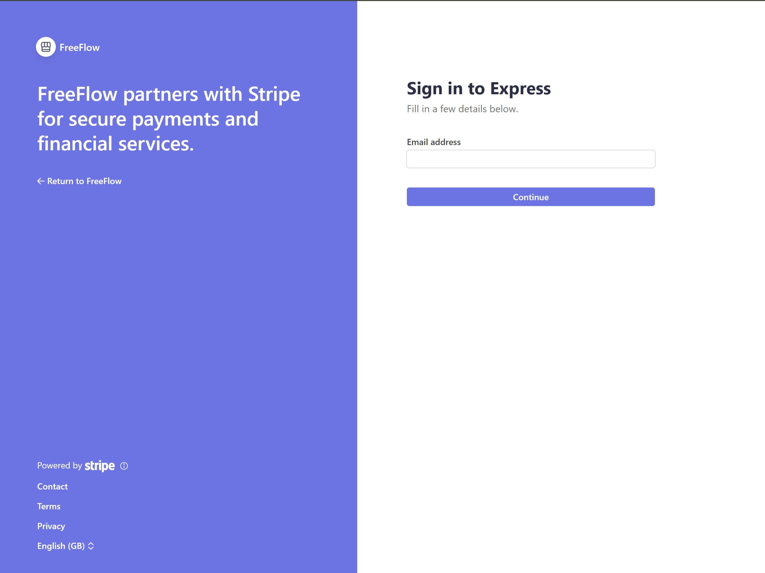 Stripe Express "Sign in" screen