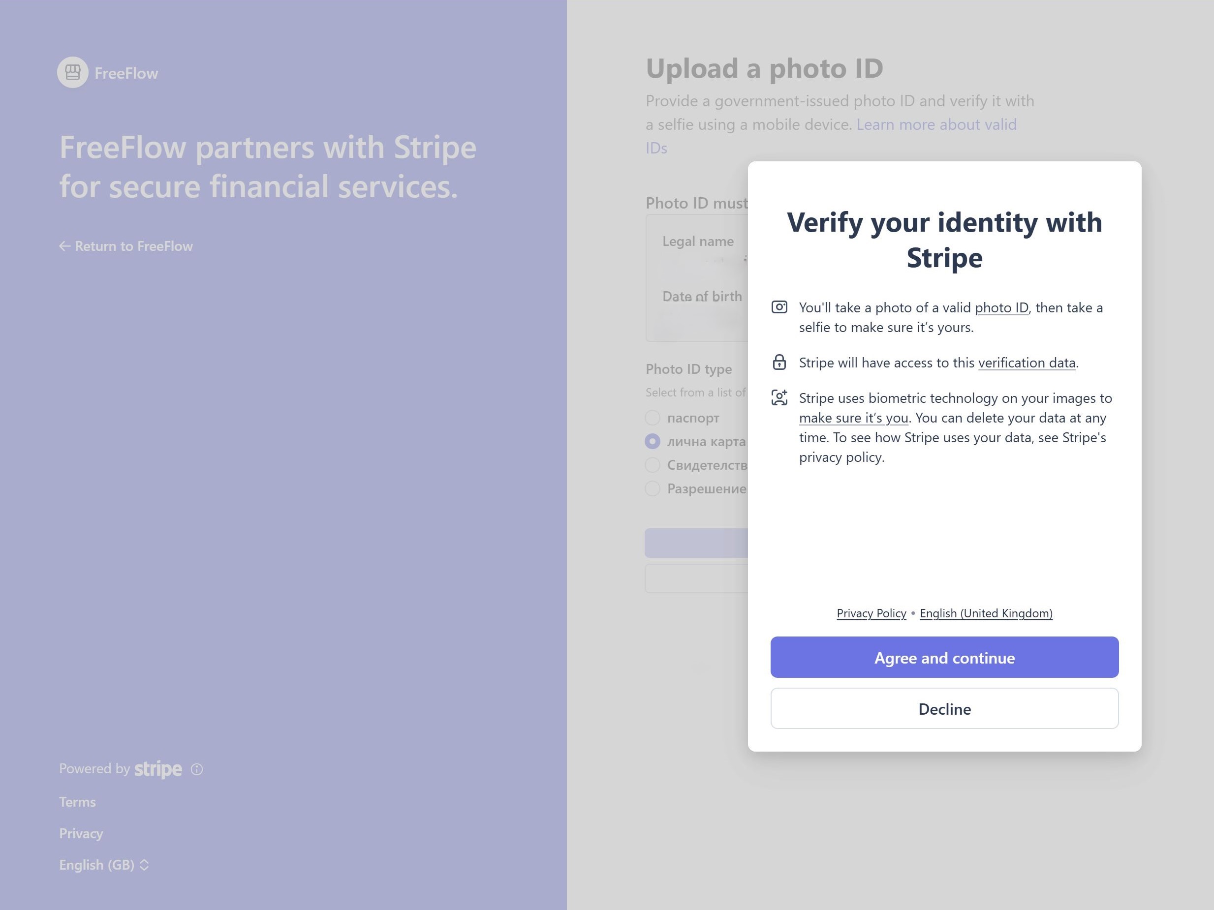 "Verify your identity with Stripe" consent dialog